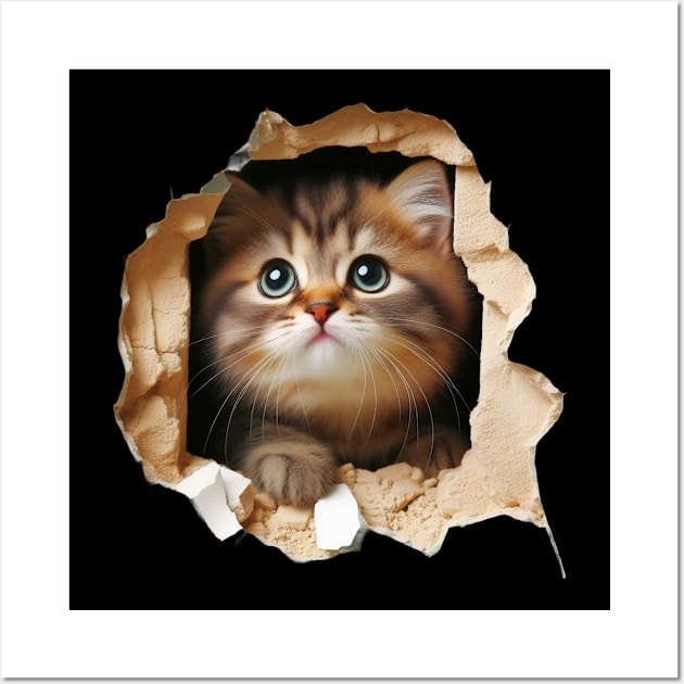 Darling kitty squeezing through a hole in the wall Wall Art by Divineshopy